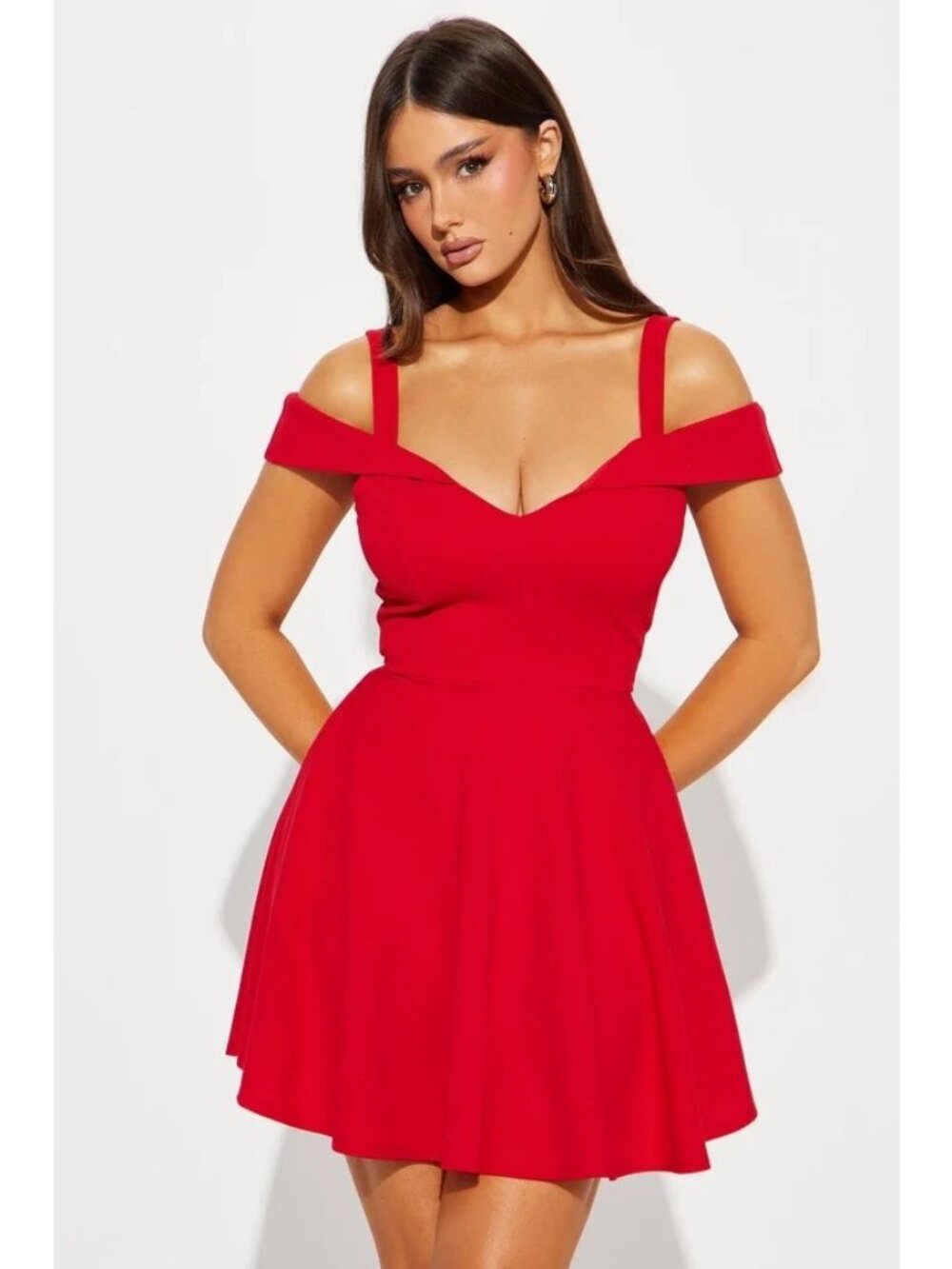 Fashion Nova Mini Dress Size 3X Red Wanderlust Cold Shoulder Flared Pleated Skir